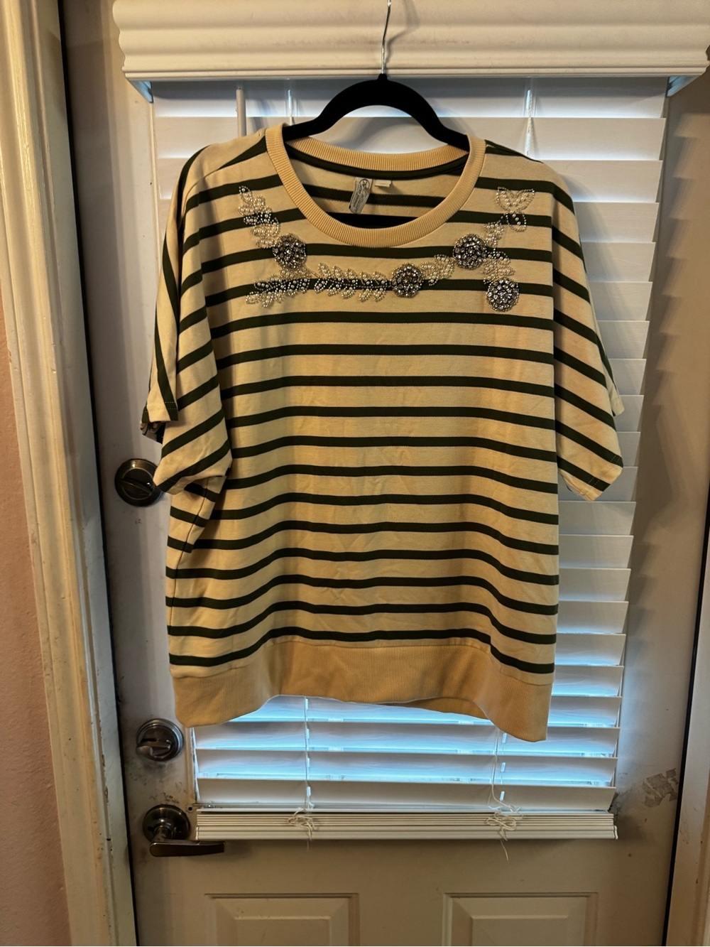 Cato Cream & Green Striped Short-Sleeve Embellished Top